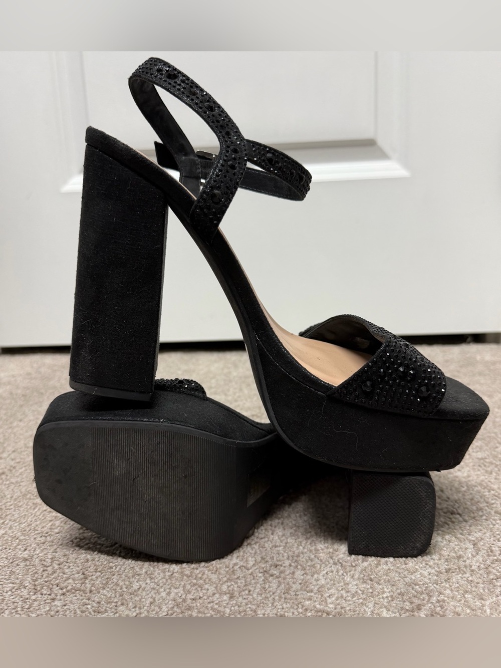 Black Rhinestone Chunky Heels - Size 10